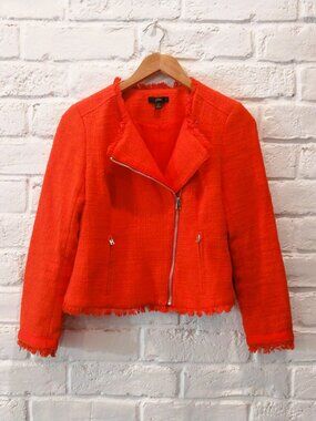 J. Crew Jacket Womens 2 XS Orange Fringe Textured Full Zip Moto Tweed Cotton
